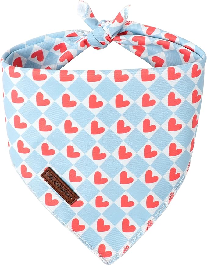 MR.CHUBBFACE Blue Valentine's Dog Bandana, Cotton Valentine Blue Checkered Puppy Bandana, Adjustable Pet Trangle Bibs Scarf