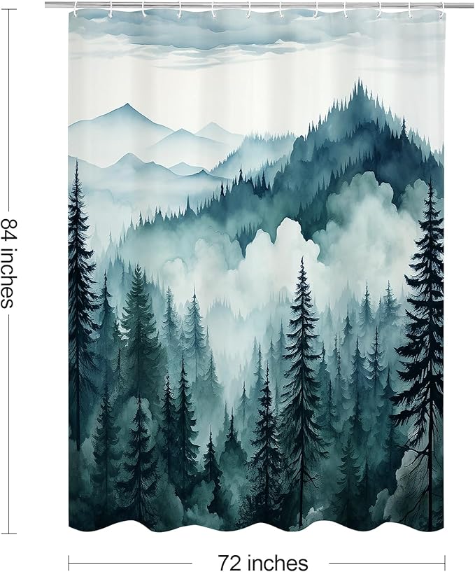 Litabel Peacock Blue Extra Long Misty Pine Forest Shower Curtain 72 x 84, XL Mountain Foggy Woodland Scenery Tree Shower Curtains for Bathroom, Abstract Waterproof Nature-Themed Decor