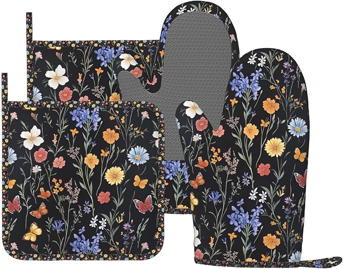 Oven Mitts Pot Holders Set Vintage Botanical Flower Wildflower Silicone Kitchen Gloves Potholders Heat Resistant for Chef Baking Cooking Grilling BBQ 4 Pack Mitt