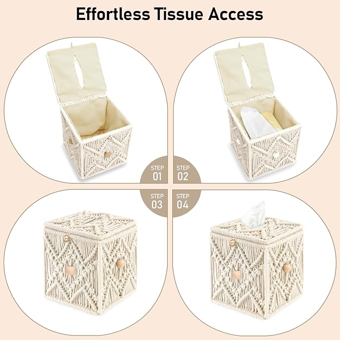 KaloKalo Handmade Tissue Box Cover Decorative Macrame Boho Square Tissue Holder Cotton Rope Woven Napkin Facial Paper Organizer Bohemian Desk Storage Container with Buckle Wood Beads (Ivory)