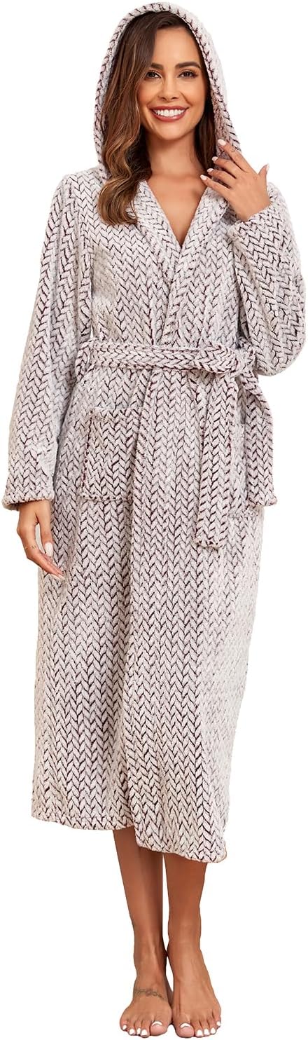 RONGTAI Womens Robes Plush Fleece Hooded Bathrobe Thick Nightgown with Pockets Fluffy Sleepwear