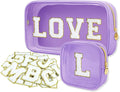 GODEAGLE 2PCS Personalized Makeup Bag Set, 2PCS Toiletry Bag & 26 Chenille Letters, Clear Makeup Pouch, Preppy Stuff Gifts for Teen Girls (Purple)