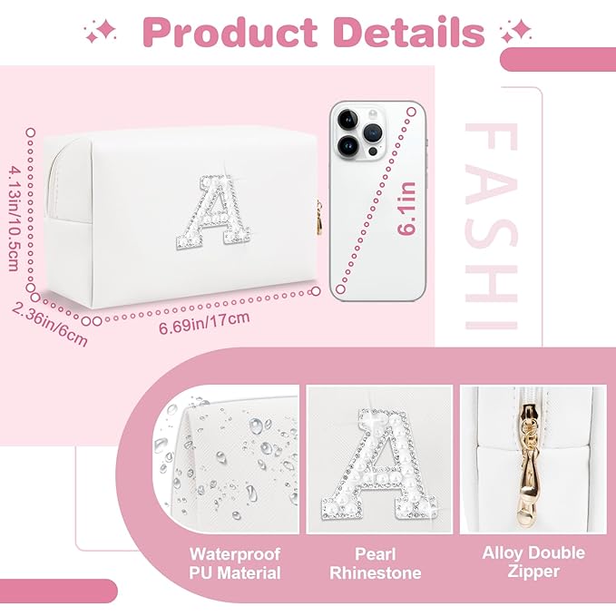 Bride Gifts – Personalized Initial Makeup Bag with Pearl Rhinestone Patch, Preppy White Monogram Cosmetic/Toiletry Pouch, bridesmaid Gifts, Bridal Shower Gifts, Wedding Gifts, Bridal Gifts,A