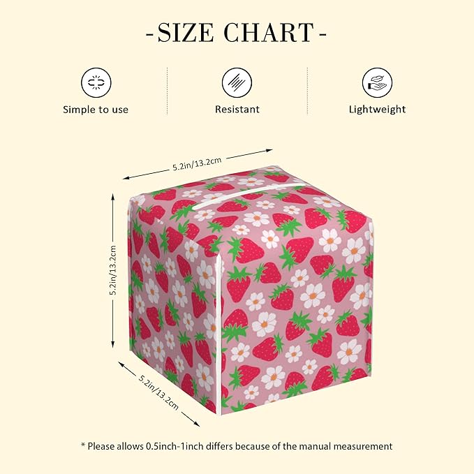 POIUBLE Strawberry and Flower Tissue Box Cover Leather Tissue Box Holder Square Facial Paper Organizer Dispenser for Bathroom Kitchen Bedroom Vanity Countertop Night Stands