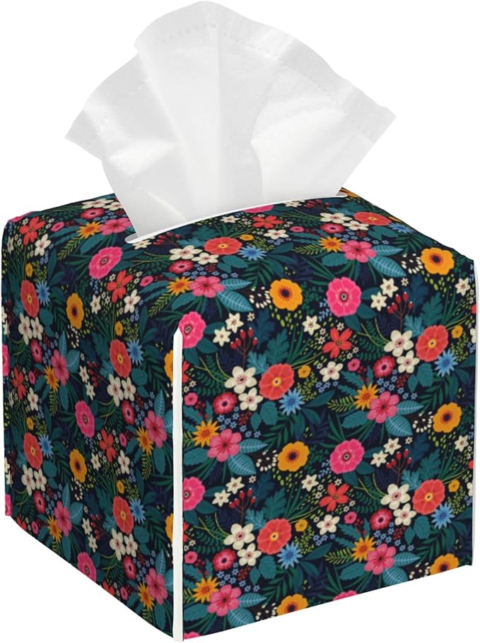 POIUBLE Colorful Flowers and Leaves Tissue Box Cover Leather Tissue Box Holder Square Facial Paper Organizer Dispenser for Bathroom Kitchen Bedroom Vanity Countertop Night Stands