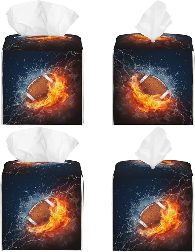 POIUBLE American Football in Fire and Water Tissue Box Cover Leather Tissue Box Holder Square Facial Paper Organizer Dispenser for Bathroom Kitchen Bedroom Vanity Countertop Night Stands