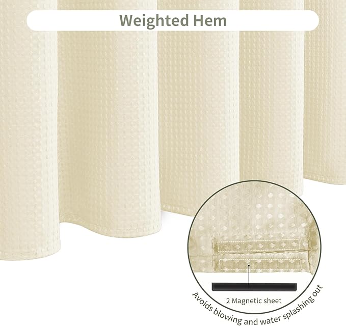 Inhousolu Fabric Shower Curtain Waffle Weave, 230 GSM Heavy Duty, Weighted Hem, 14 Metal Hooks, Water Repellent, Machine Washable, Hotel Spa Luxury Bath Curtain Set, 72 x 96 Inch, Ivory