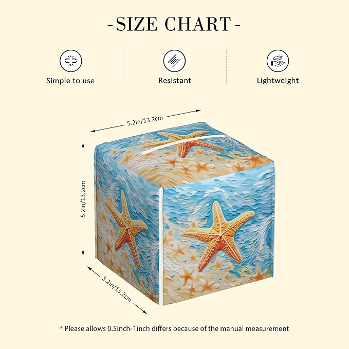 POIUBLE Tissue Box Holder Beach Starfish Tissue Box Cover Square Leather Tissue Holder Organizer Portable Decorative Facial Paper Case for Home Office Bathroom Vanity Countertop