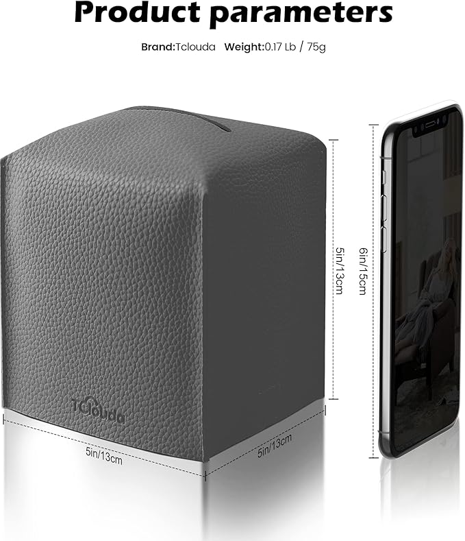 Tclouda Tissue Box Cover for PU Leather, Modern Simple Solid Color Holder Square Tissue Bag, Ideal for Bathrooms,Office,Car,Outdoor Tent,Dining Table,5"X5"X5", Double Charcoal
