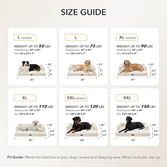 Casa Paw Orthopedic Dog Beds for Large Sized Dogs, Waterproof Egg Crate Foam Large Dog Couch Beds with Comfy Bolster 36x27Inch, Washable Pet Beds with Removable Cover and Nonskid Bottom, Beige