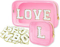 GODEAGLE 2PCS Personalized Makeup Preppy Bag Set, 2PCS Toiletry Bag & 26 Chenille Letters, Clear Makeup Pouch, Birthday Gifts for Girls (Pink)