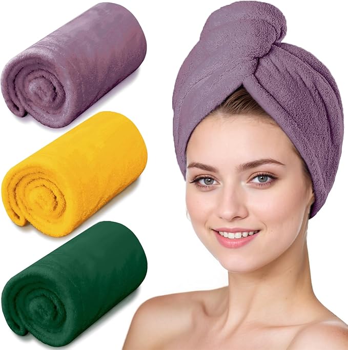 YHPDYL Hair Drying Towel 3 Pack - Ultra Soft Microfiber Turban Twist Hair Wrap for Women - Super Absorbent, Quick Dry Hair Towel Cap for Wet Hair (3 Colors, Yellow Green & Purple)