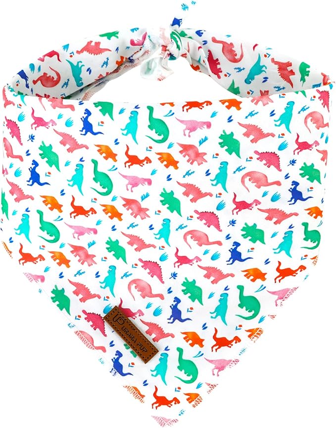 UP URARA PUP Dinosaur Dog Bandana - Comfortable Cotton Triangle Bid Scarf for Medium Large Dogs - Washable Pet Kerchief for Boys and Girls - Colorful Cute Classic Dinosaur Design