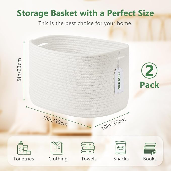 ECDYQXVU Cotton Rope Storage Basket, 15x10x9 Inches, Woven Basket for Shelves, Clothes, Towels, Books, and Laundry, White (2 Pack)