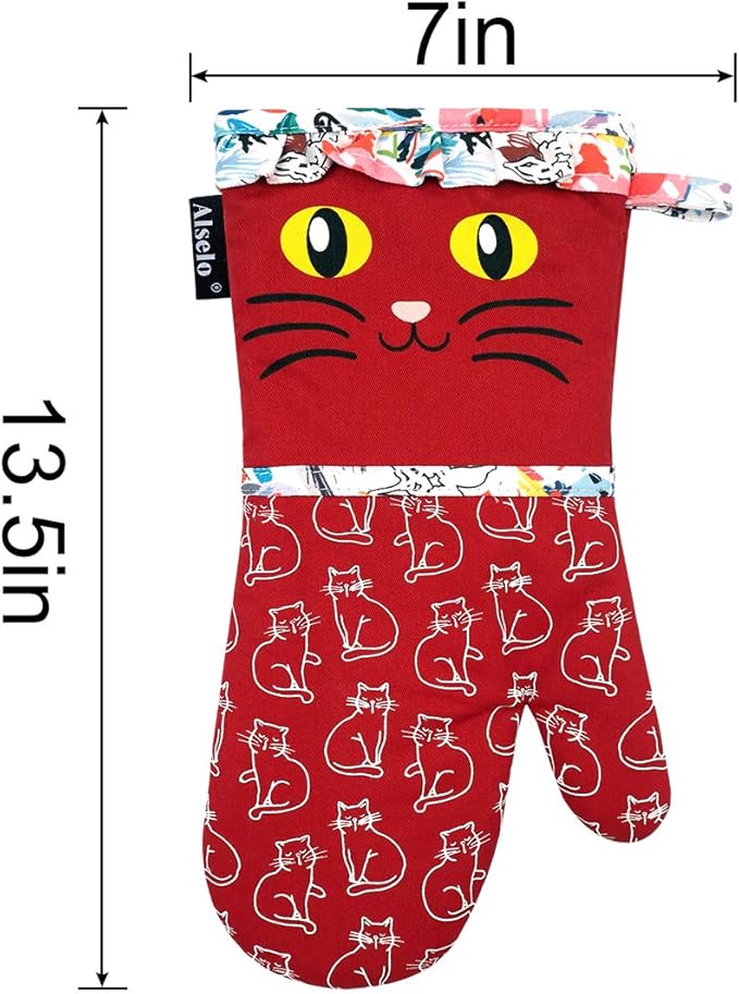 Oven Mitts, Heat Resistant with Soft Quilted Cotton Lining Set of 2, Fashion Animal Design with Silicone Printing Anti-Slip Kitchen Gloves for Safe Backing Cooking Barbecue (Red 2)
