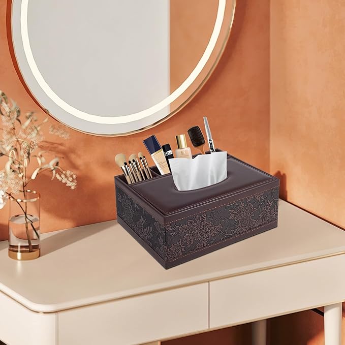 XNONE Tissue Box Cover Rectangle Retro Tissue Box Holder PU Leather Facial Tissues Organizer,Multifunctional Remote Control Stationery Storage Box,Home Office Supplies Car Napkin Caddy
