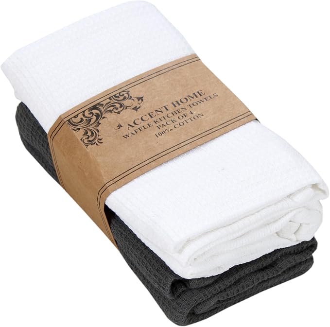 ACCENTHOME 100% Cotton Waffle Weave Kitchen Towel Set of 4 Super Soft Absorbent Tea Towels | Durable Cleaning Dish Cloths Perfect for Mess & Quick Drying Dishes Rags 18x26 inches in White Color