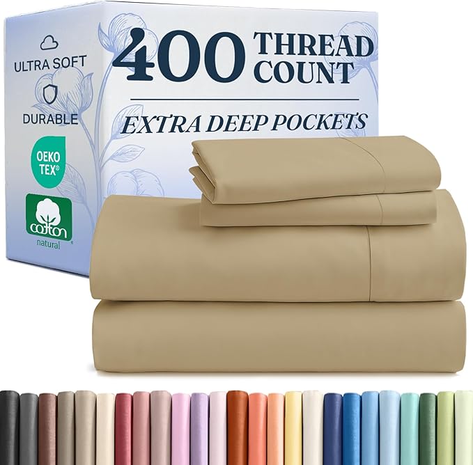 Extra Deep Pockets 400 Thread Count 100% Cotton 4 Piece Queen Size Bedding Sheet Set - Breathable & Cooling - Hotel Luxury Bed Sheets Set - Extra Soft, Wrinkle Free & Comfy Beige Bedding Sheets Set