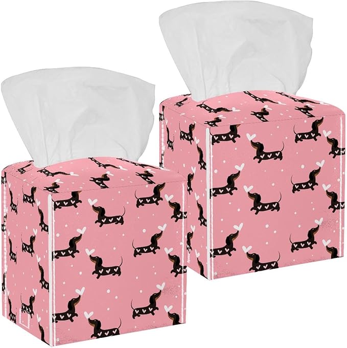 2 Pack Leather Tissue Box Cover – Dachshund Dogs and Hearts Tissue Box Holder Decorative for Bathroom, Home Office Decor