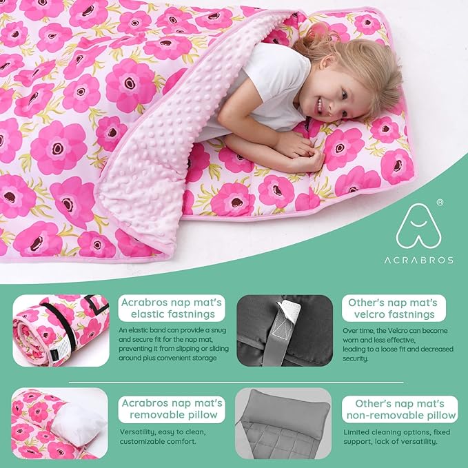 ACRABROS Toddler Nap Mat with Pillow and Blanket, Extra Large Rolled Napping Mats,Slumber Bags for Boys Girls,Kids Sleeping Bag for Daycare, Preschool Travel Camping,Gouache Floral