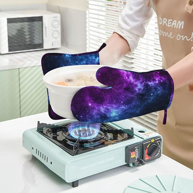 Galaxy Oven Mitts and Pot Holders Set of 4 Silicone Blue and Purple Galaxy Kitchen Mitten Gloves and Non-Slip Universe Theme Potholders Set Heat Resistant Oven Gloves Hot Holders for Kitchen