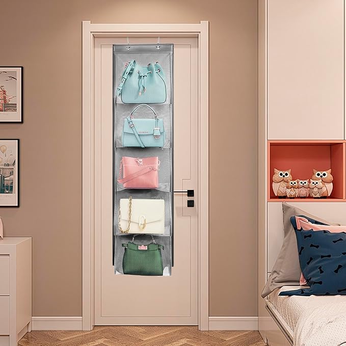 TEMUORG 2 Pack Over the Door Hanging Vinyl Organizer Embroidery Stabilizer Holder Purse Storage for Closet Bath Towel Hanger Scarf Container 5 Large Pockets (One Side)