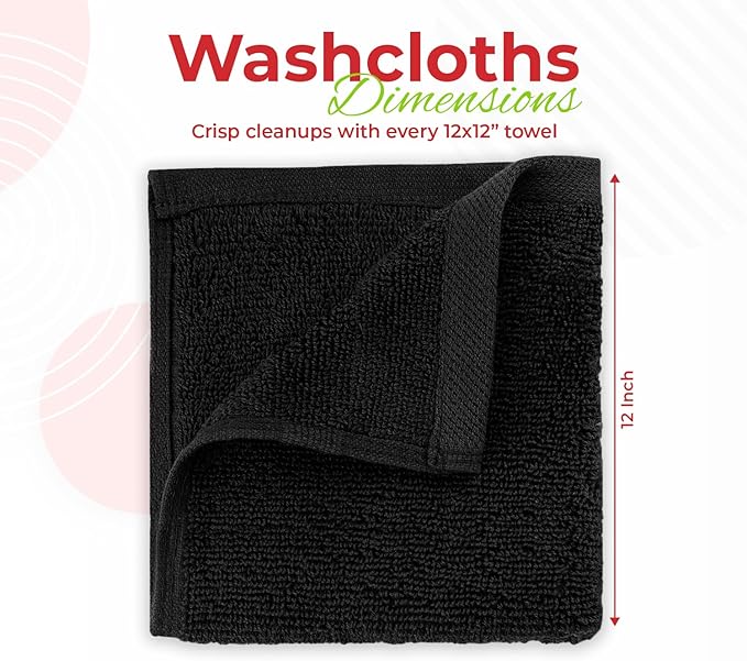 RIVERSIDE 12 Pack Premium 100% Cotton Face Wash Cloths, 12 x 12 Inches, Soft & Absorbent Face Towels for Bathroom Wash Clothes, 550 GSM, Luxury WashCloths for Showering, Body, Spa & Gym, Black
