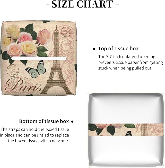 POIUBLE Vintage Paris with Rose Tissue Box Cover Leather Tissue Box Holder Square Facial Paper Organizer Dispenser for Bathroom Kitchen Bedroom Vanity Countertop Night Stands