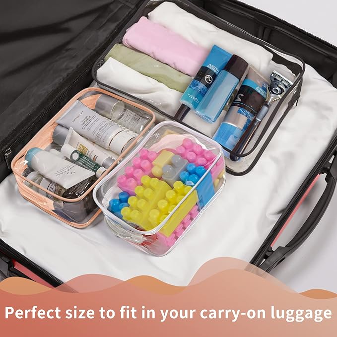 TISRATOK 24 PCS Clear Toiletry Bag for Women Men, Transparent Cosmetic Bag for Travel Makeup Organizer TSA Approved Pouch - Orange-pink,Medium