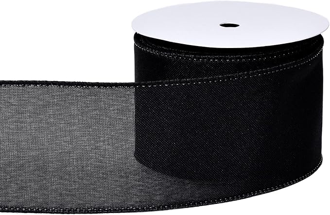 Ribest Black Linen Wired Ribbon, 2.5 Inch × 10 Yard, Burlap Halloween Ribbon for Wreaths Bows Making Crafts Christmas Tree Decoration Gift Wrapping