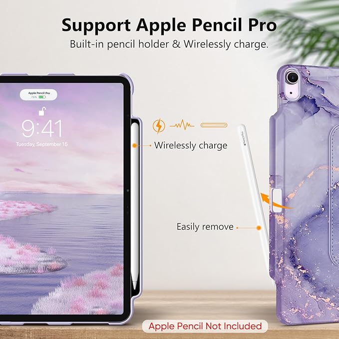 Fintie Rotating Case for iPad Air 13-inch (M3) 2025, (M2) 2024-360 Degree Swiveling Protective Stand Cover with Pencil Holder, Auto Wake/Sleep, Lilac Marble