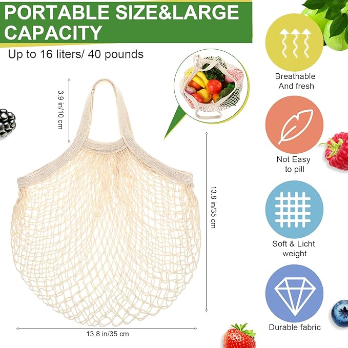 Paterr 4 Pack Cotton Mesh Produce Bags Bulk Reusable Market Bag Washable Net Grocery Purse String Shopping Tote Beach Organizer for Vegetable Fruit Picnic Food Storage (Short Handle,Beige)