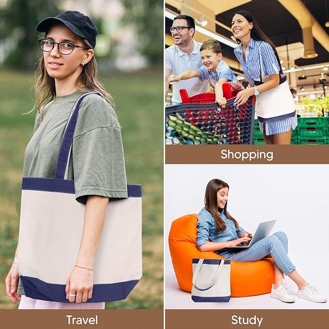 Canvas Tote Bag with Handles for Woman, Reusable Cloth Bag for Groceries and Shopping - Blank Cotton Tote Bag, Suitable for DIY Projects – HEAVY DUTY – 16" X 14.5" With 4” Gusset, Navy Blue