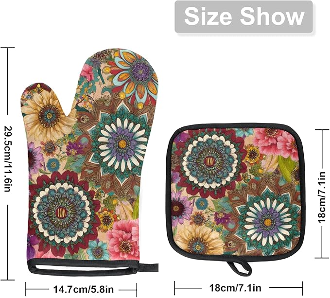 Oven Mitts and Pot Holders, Bohemian Floral Kitchen Mittens and Pot Holder 2Pcs Set, Retro Pattern High Heat Resistant Kitchen Hot Pads and Mitts for Chef Cooking, Baking, BBQ, Picnic