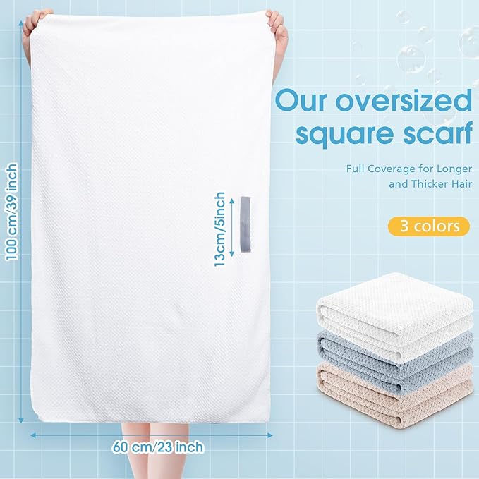 Breling 3 Pack Large Microfiber Hair Towel 24 x 38 Inch Absorbent Wrap Turban Quick Dry for Women Men Curly Hair Shower(Ivory Brown, Hazy Blue, Cream White)