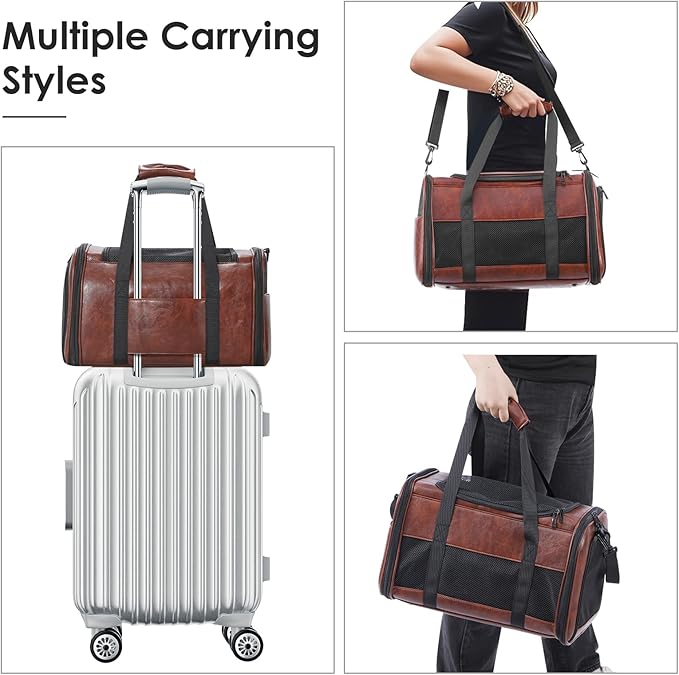 Monanller Fashion Leather Dog Carrier, Airline Approved Cat Carrier Soft Sided Pet Bag Carrier Purse for Puppy Kitten Small Animals Coffee