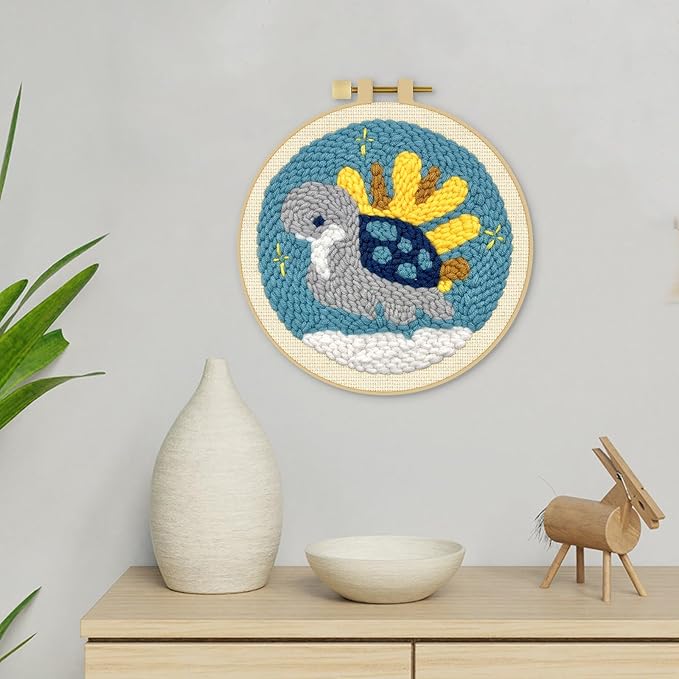 ERKOON Punch Needle Kit Adults Beginners, DIY Easy Sea Animals Embroidery Set for Starter Art Craft, Needling Punch Project with Patterns, Tools, Yarns, Hoop, Instruction (Turtle)