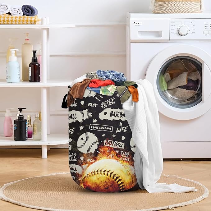Baseball on Fire Laundry Basket with Sturdy Handles, Ball Game Collapsible Oxford Cloth Laundry Hamper Organizer Basket for Bathroom Bedroom 15.7x20 Inch
