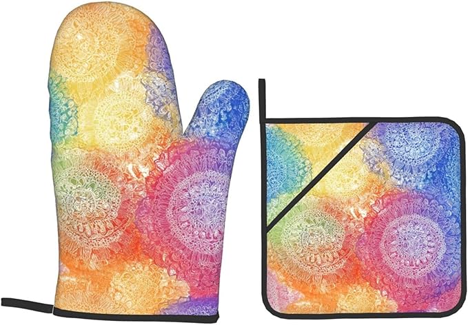 Oven Mitts and Pot Holders Sets of 4 Colorful Rainbow Mandala Pattern Kitchen Potholder Gloves Heat Resistant Non-Slip for Chef Baking Cooking Grilling BBQ Mittens