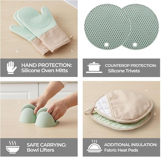 8-Piece Silicone Oven Mitts Set,Heat Resistant Kitchen Gloves with Soft Cotton Lining, Pot Holders,Silicone Trivet Mats,& Mini Mitts for Cooking,Baking,BBQ(Light Green)