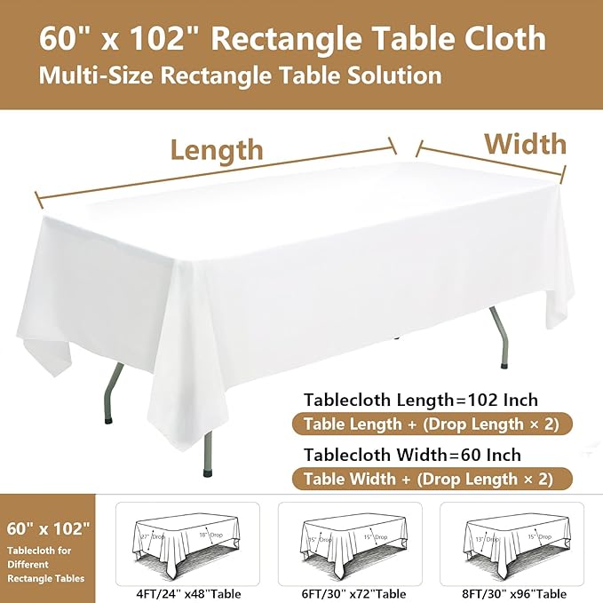 White Tablecloths Rectangular 10-Pack, 60x102 Inch Table Cloth for Rectangle Tables - Polyester Fabric Tablecloth, Reusable & Washable Table Cover