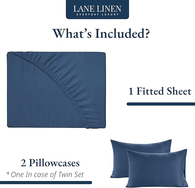 LANE LINEN King Size Fitted Sheet, 100% Organic Cotton, 3-Piece Set (1 Fitted Sheet,2 Pillowcases), Percale Weave, Ultra Soft, Breathable,Fits Mattress Upto 15" Deep - Estate Blue (No Flat Sheet)