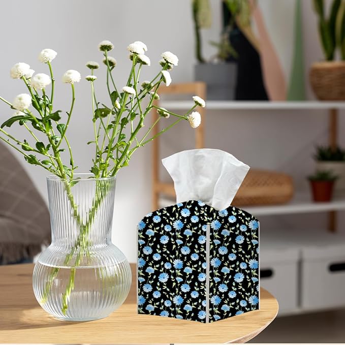 Tissue Box Cover, Tissue Box Holder, Square with Belt Bottom, PU Leather Decorative Organizer for Desk, Tabletop, Countertop Bathroom, Toilet Car, Office, Dresser Bedside, Aesthetic Blue Flower Decor