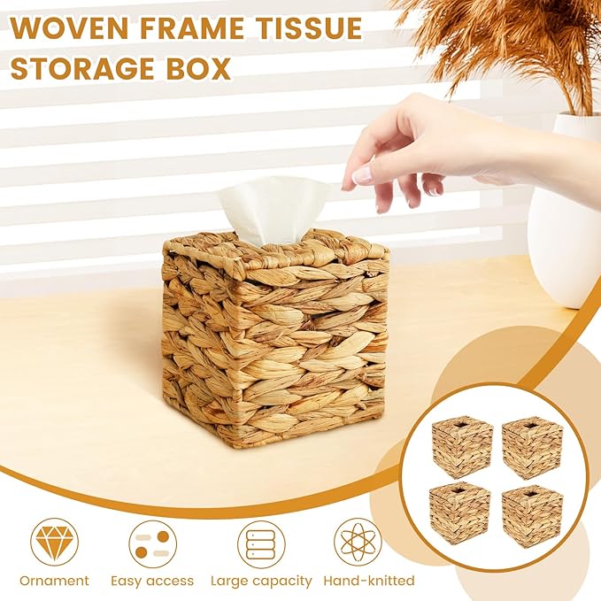 4Pcs Tissue Box Cover Decorative Woven Tissue Holder Aesthetic Facial Paper Box Cover Square Facial Napkin Holder Portable for Table Home Bathroom