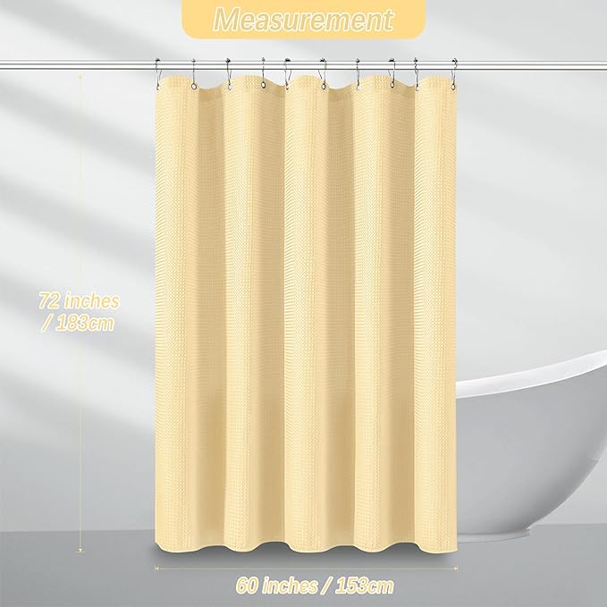 PANGSINNE Neutral Fabric Shower Curtain for Bathroom Stall, 60 inche Waffle Weave Shower Curtain Beige, Machine Washable Waterproof 256GSM Heavy Duty Weighted with 10 Metal Hooks, 60Wx72H