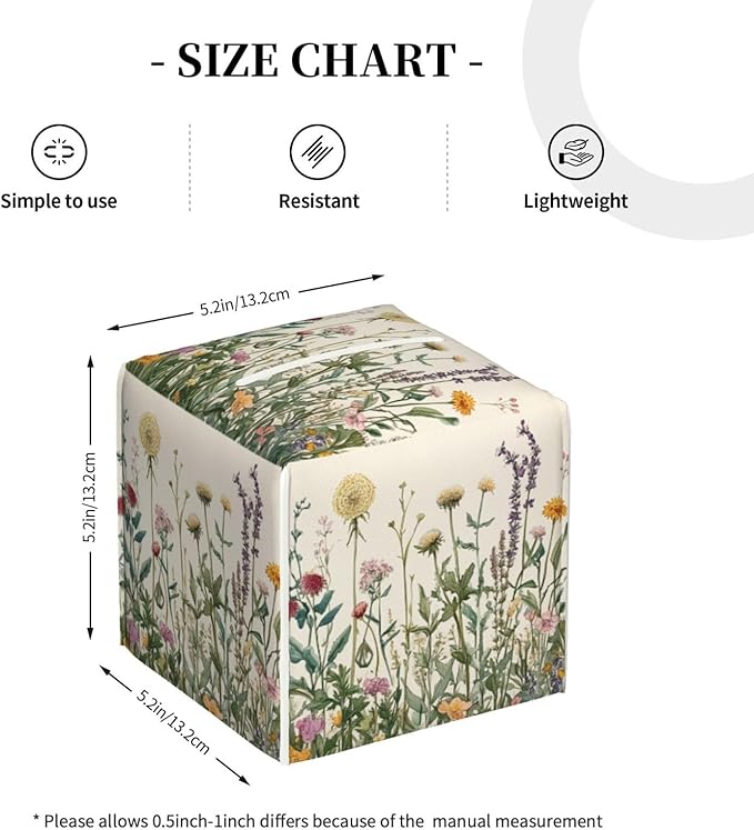 Vintage Dandelion Herbs Tissue Box Cover Spring Summer Wild Flowers Florals Square Leather Tissue Holder Decorative Facial Tissue Cube Paper Cover Case Organizer for Bathroom Night Stands Desk Home