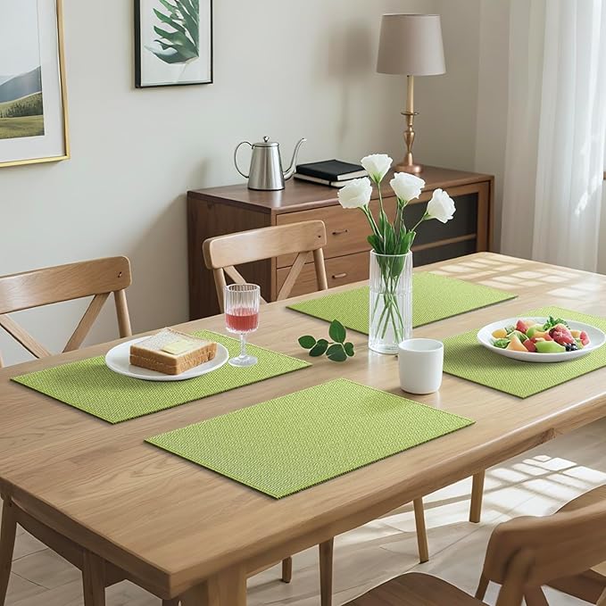 Blue Forest | Rectangular Faux Linen Placemats Set of 4 | Dual- Layered Thickened for Durability | Heat Resistant | Machine Washable | Wrinkle Free for Easy Care Indoor/Outdoor Use - Grass Green