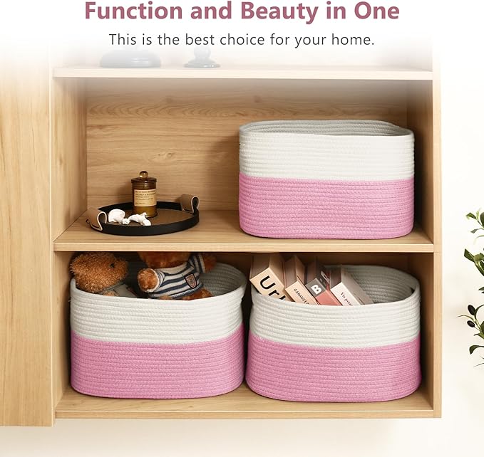 ECDYQXVU Cotton Rope Shelf Storage Basket, 15x10x9 in, Shelf Storage Baskets for Clothes, Towels, Books, Laundry (White/Pink, 2 Pack)