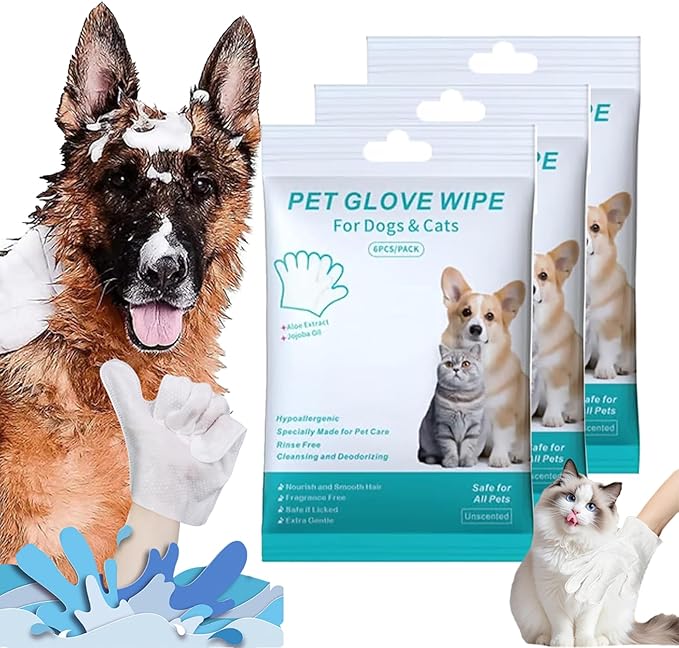 Dog Shampoo Mitts Pet Bath Wipes, Pet Cleaning Deodorizing Glove Wipes for Dogs & Cats,Fragrance-Free, Gentle Grooming Mittens for Sensitive Skin (3Pcs)