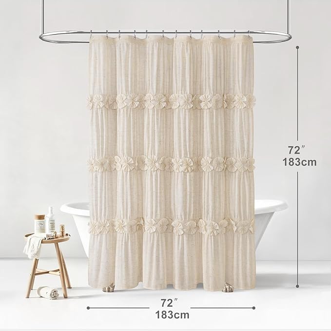 XOGUIBO Linen Ruffle Shower Curtain with Handmade Bow Tie,Vintage Farmhouse Shower Curtain for Bathroom, 72" W x 72" H